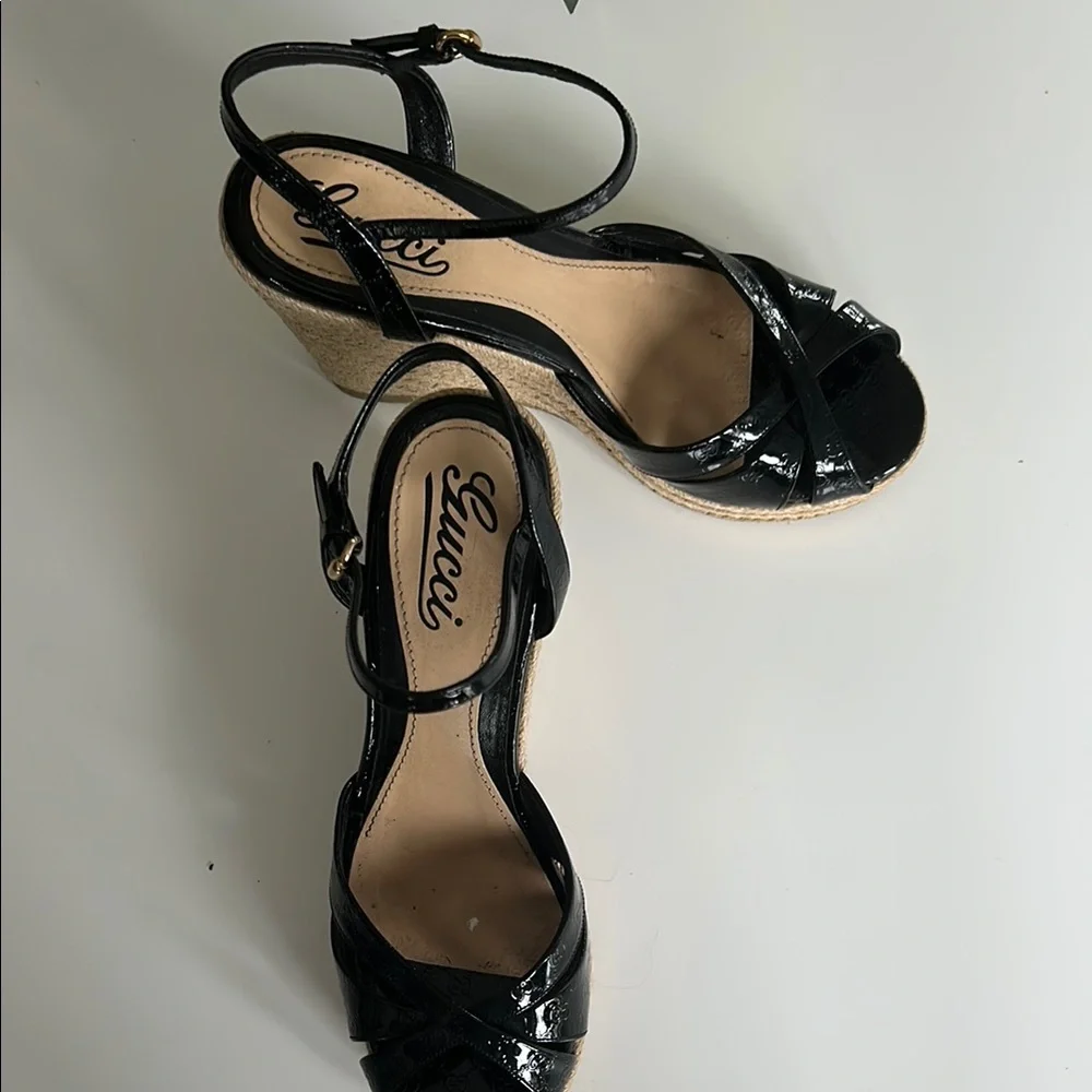 Gucci Black and Tan Wedge Espadrilles - Picture 2 of 10